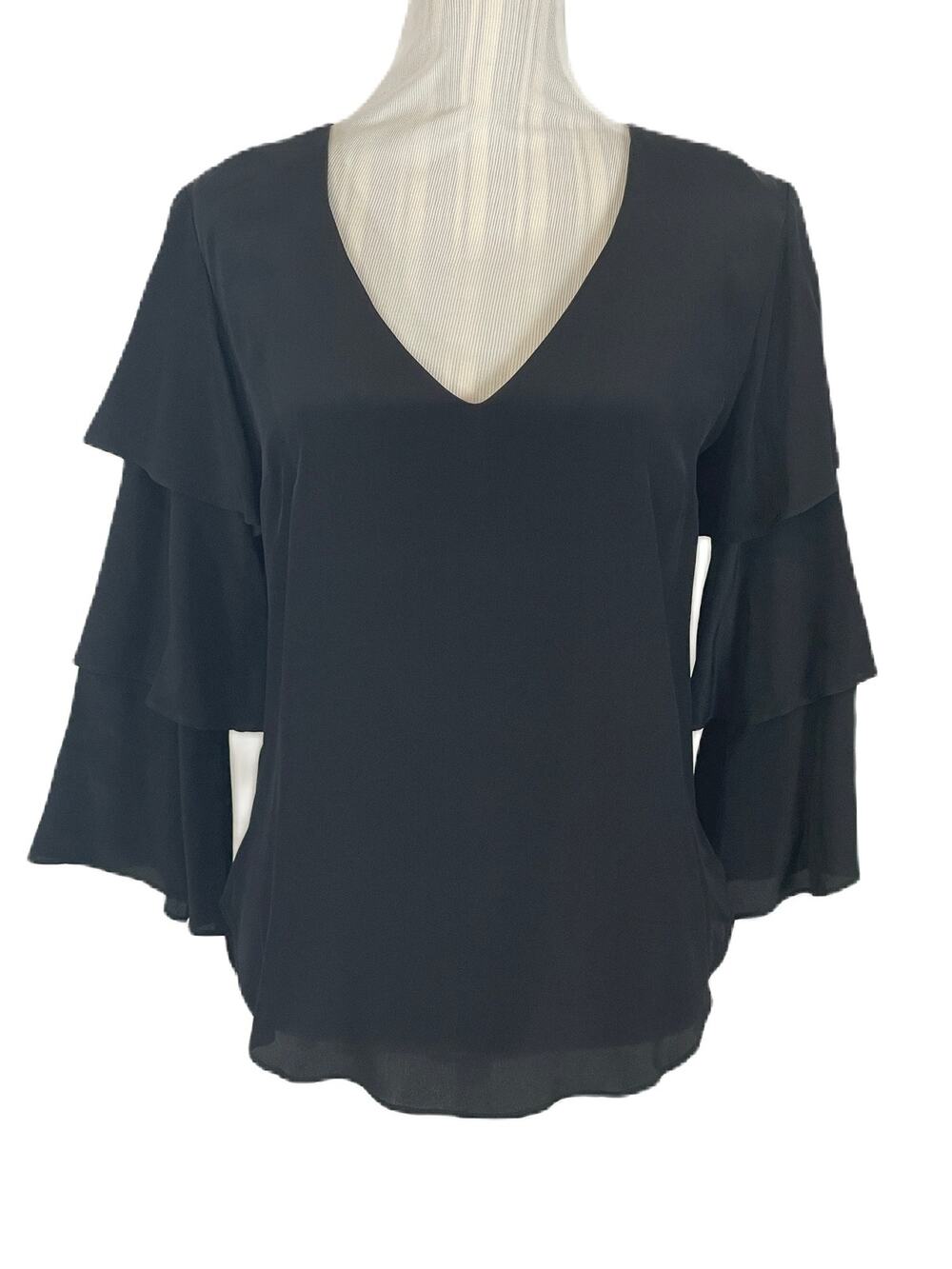 Amanda Uprichard Black Silk V Neck Pullove Tiered Ruffle Sleeve Top Size Medium